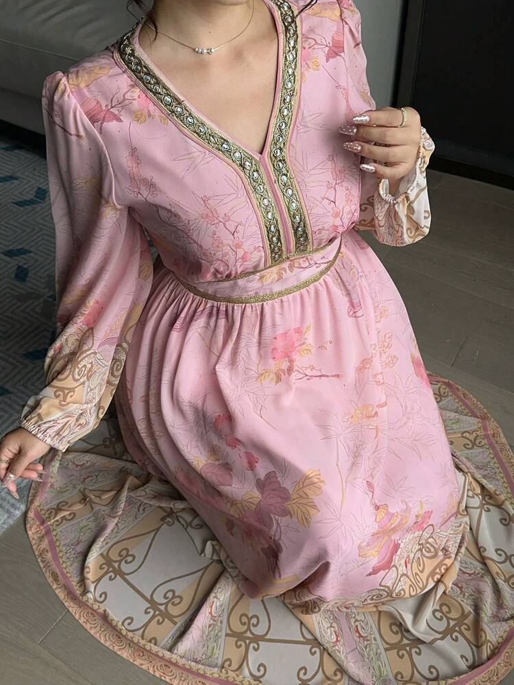 Dazy Plus Floral Print V-Neck Waist Cinched Maxi Chiffon Dress, Elegant Palace Style, Pink, Plus Size, Spring/Summer Sundress