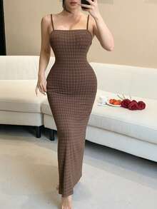 Plaid Camisole Cinched Waist Long Women's Nightgown, Summer - Brown - View 5