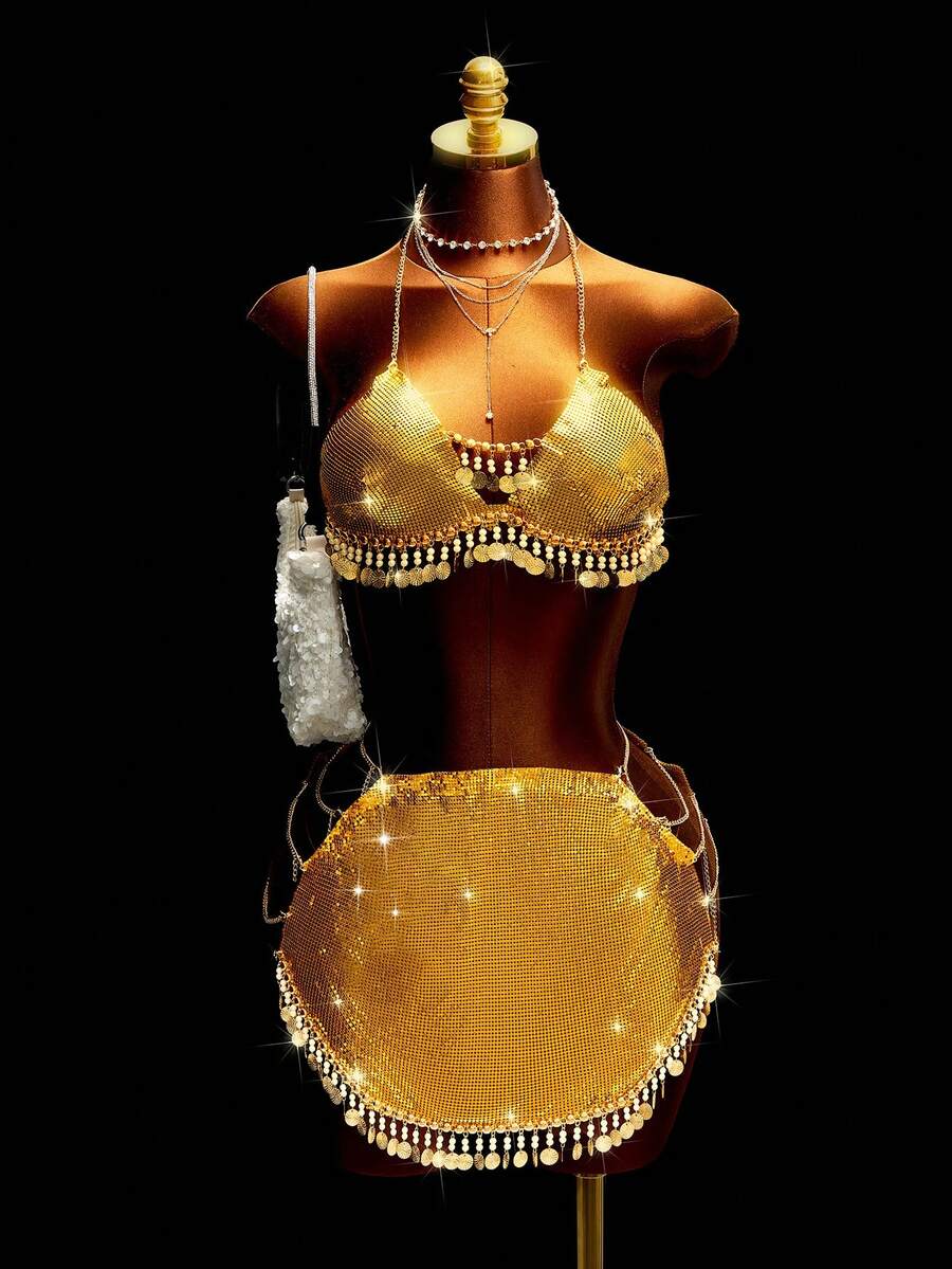 Mistrie 女士彩色串珠泳衣套装,2件套,女士泳衣套装,沙滩度假泳衣套装,海岛度假泳衣套装,沙滩泳池派对假日装,春夏款,春夏波西米亚风泳衣,女士沙滩比基尼,2026夏季夏季女装,沙滩连衣裙,女士沙滩装,优雅休闲夏季度假装,女士度假装,泳装,女士泳衣,比基尼连衣裙,性感夏季水钻比基尼,串珠比基尼 - 金色 - 查看 1