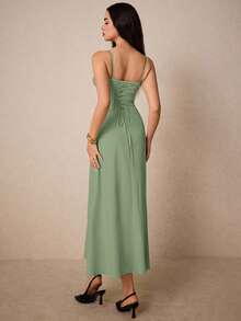 Poéselle 女士纯色褶皱前系腰优雅吊带连衣裙 - 薄荷綠 - 查看 2
