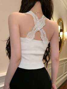 DAZY Women's Lace Patchwork Sexy Casual Slim Fit V-Neck Camisole - White - View 4