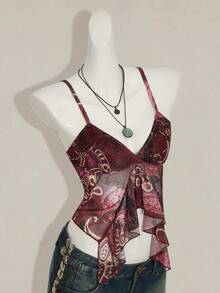 SHEIN ICON Spaghetti Strap V-Neck Ruffle Trim Fitted Summer Fashion Tank Top - Burgundy - View 8
