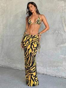 Aloruh Women's 3-Piece Bikini Set,Yellow,Summer,Casual,Beach,Vacation,Holiday Zebra Print Metal Decor Triangle Halter Top,Thong&Long Sarong Skirt - Multicolor - View 7