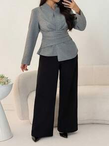 Modelyn 大码女式灰色长袖收腰A字褶皱优雅衬衫 - 灰色 - 查看 6