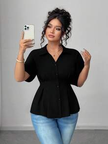 SHEIN PETITE CURVE Plus Size Petite Women's Solid Color Minimalist Stylish Office Wear Short Sleeve Blouse, Spring/Summer - Black - View 7