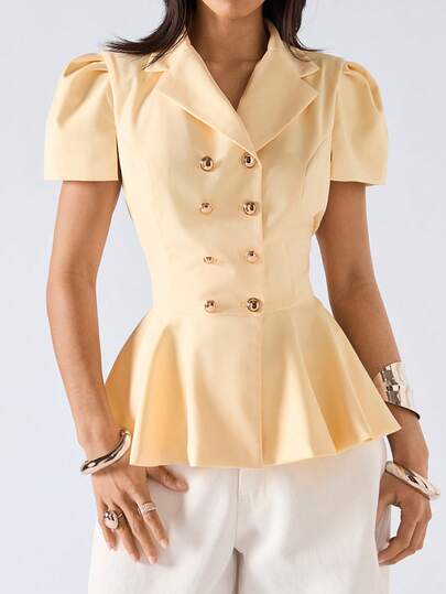 LYSMO 2026 New Arrive Minimalism Spring/Summer Women's Solid Color Lapel NeckMetal Double-Breasted Short Puff Sleeve Elegant Blazer,Work Outfits/Business Casual/ Office Outfits For Women