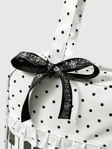 ROMWE Anime 1 pieza Bolso de mano de mujer con estampado de lunares, parche de corazón con lazo, estilo pop art. Bolso de hombro transparente de segunda generación con notas musicales, adecuado para compras, campus - Blanco puro - Ver 3