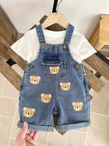 LMoss Kids Quần yếm denim in hình gấu hoạt hình dễ thương cho bé trai, có túi nắp, thích hợp mặc hàng ngày, mùa hè. - Rửa nhẹ - Xem 5