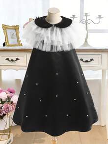 SHEIN Tween Girl Fashionable Elegant Contrast Color Mesh Dress - Black and White - View 3