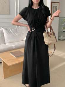 DAZY Vestido midi de algodón de unicolor con cuello redondo, manga corta y cintura ceñida para mujer, vestido de verano - Negro - Ver 4