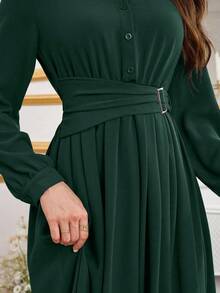 Modelyn Simple Button Front Belted Collar Long Sleeve Modest Dress Long Evening Dresses - Dark Green - View 8