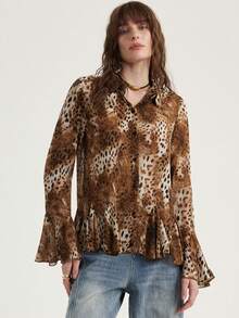 Aveloria Modichic Leopard Print Flounce Hem Shirt, Lively Leopard Print Design, Playful Yet Stylish Silhouette, Suitable For Dates, Outings, And Gatherings With Friends - Multicolor - View 4