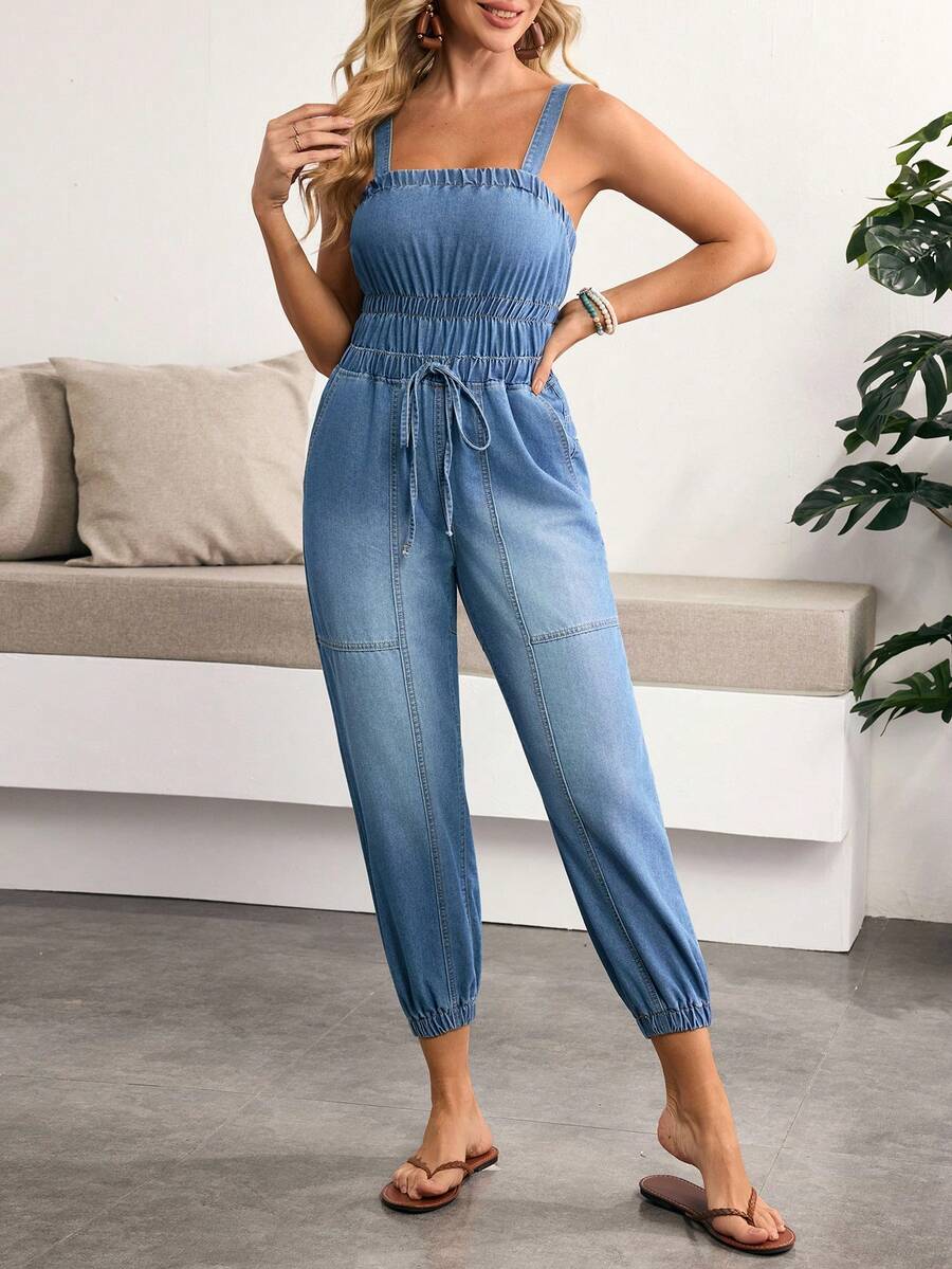 Breezaya 女士腰带口袋休闲褶皱连体裤 - 藍色 - 查看 1