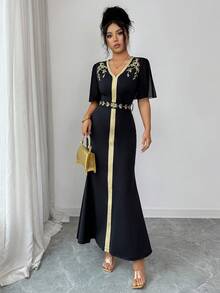 Selianne Elegant Vacation Embroidered Chiffon Ruffle Sleeve Fishtail Hem Dress For Women - Black - View 7