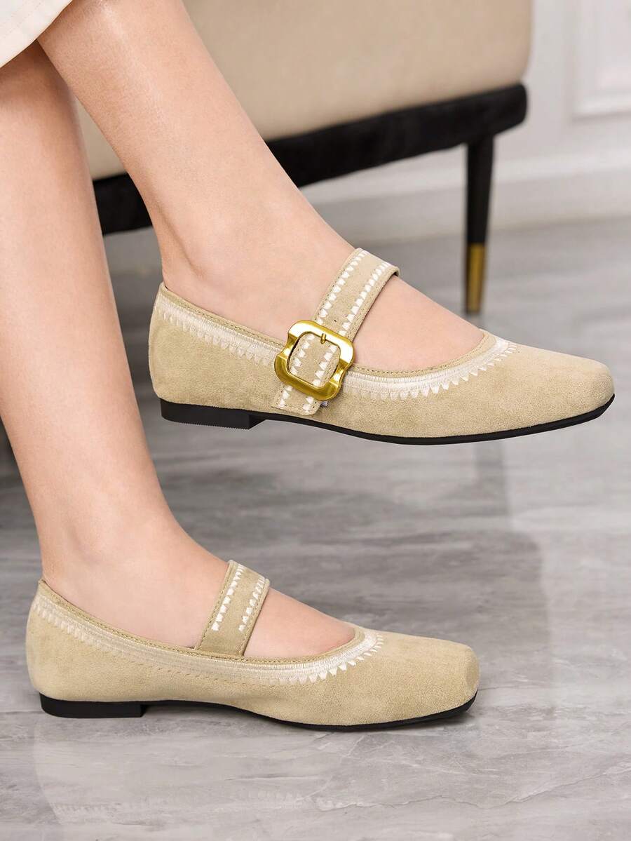 Sleekvia Women's Buckle Design Casual Versatile Flat Shoes - Khaki - View 1