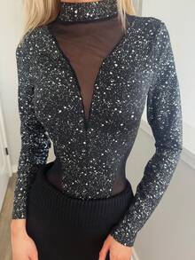 Sydney Algeri 女士时尚圆领长袖铝箔网眼拼接透明黑色紧身衣 - 黑色 - 查看 6