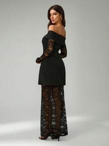 SHEIN Tall Women's Open Shoulder Lace Dress & Skirt 2 Pieces Set Black Off Shoulder Dress, Tall Women - Black - View 3