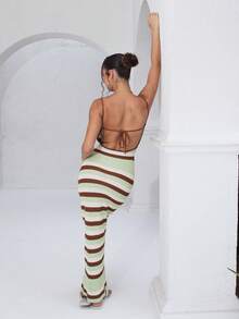 juhmazzocco 女士新款针织连衣裙，交叉吊带露背钩针连衣裙，条纹波西米亚连衣裙，度假连衣裙，秋冬女士优雅连衣裙 - 彩色 - 查看 4