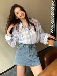 DAZY Women's Plaid Collar Long Sleeve Shirt, Korean Style, Spring/Summer - Baby Blue - View 8