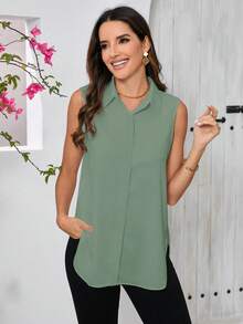 SHEIN Clasi Chemise sans manches décontractée et polyvalente à boutons devant pour femmes, couleur unie - Vert menthe - Voir 5