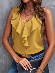 SHEIN Clasi Women's Solid Color Minimalist Sleeveless Shirt With Ruffle Hem, Casual Everyday Wear,Summer Top - Yellow - View 5