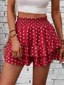 SHEIN Holidaya 女士腰带仿亚麻波点印花双层荷叶边裙裤 - 紅色 - 查看 4