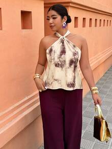 Breezaya 女士露背交叉印花上衣+纯色宽松长裤套装，休闲日常及假日装扮 - 彩色 - 查看 3