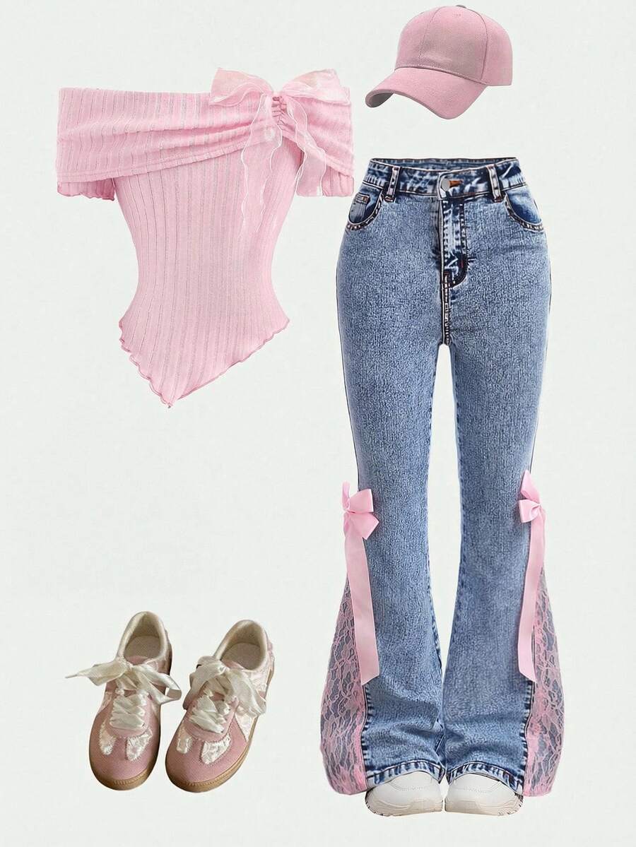 Girlism 少女粉色丝带蝴蝶结蕾丝蓝色牛仔弹力修身喇叭裤 - 中等水洗藍 - 查看 1
