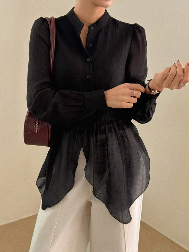 Women's Elegant Sheer Asymmetrical Hem Short Shirt Dress With Mandarin Collar, Long Sleeve