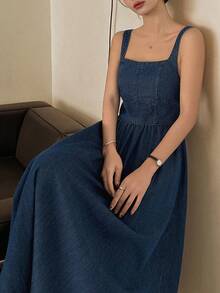 DAZY Women's Square Neck Sleeveless Maxi Denim Dress, Vacation Style - Dark Wash - View 5