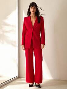 CLARA VERO Women's Solid Color Long Sleeve Blazer And Pants Casual Commuting Office Suit - Red - View 5