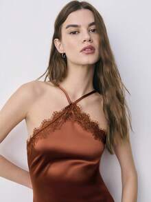 Nöista Women's Caramel Brown Satin Minimalist Spaghetti Strap Maxi Dress - Brown - View 4