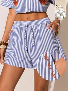 Poéselle 女士夏季度假棉质条纹刺绣系腰短裤 - 彩色 - 查看 1