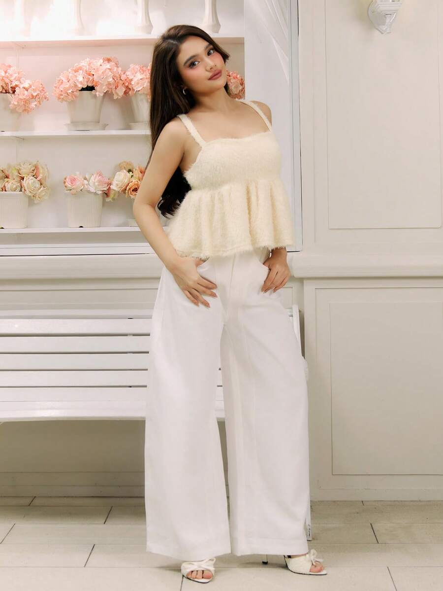 Criza Taa 女士休闲通勤纯色低腰阔腿裤 - 米色 - 查看 1