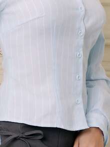 Criza Taa Tailored Button Through Pinstripe Fitted Long Sleeve Shirt Business Casual Airport Cute Beach Fall Back To School Fall Autumn Winter ,Elegant - Baby Blue - View 3