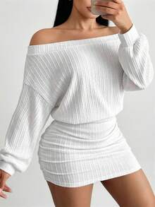 SHEIN SXY Vestido ajustado de unicolor elegante con hombros descubiertos, adecuado para ir al trabajo (tallas grandes) - Blanco - Ver 3