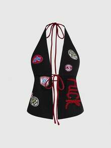 ROMWE Avant Women's Y2K Style Halter Neck Embroidered Slogan Knit Sweater - Black - View 1