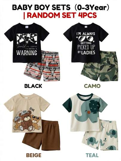 SHEIN Random 2pcs/Set Unisex Infant Toddler 0-3Y Cute Elephant, Bear, Letter Print Round Neck Short Sleeve T-Shirt Suits, Comfortable Easy-To-Wear Summer Outfits, Suitable For 6 Months To 3 Years Old Baby Boys, Suitable For Spring/Summer, Daily Wear, Outings And Home