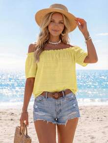 Sylviya Áo sơ mi nữ tay ngắn màu trơn, trễ vai, viền bèo nhún, thích hợp cho kỳ nghỉ. - Màu vàng - Xem 3