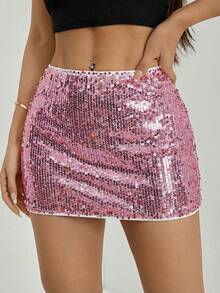 SHEIN PETITE Chân váy ngắn đính sequin màu trơn dành cho nữ, thích hợp cho các dịp tiệc tùng. - Bụi hồng - Xem 4