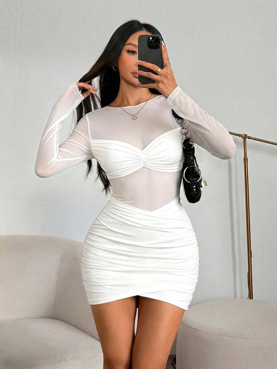 SHEIN PETITE Đầm ngắn tay dài cổ tròn ren xuyên thấu gợi cảm dành cho nữ, đầm mùa hè cho nữ. - trắng - Xem 1