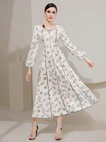 Modelyn Đầm maxi tay phồng in hoa dành cho nữ. - Màu be - Xem 3