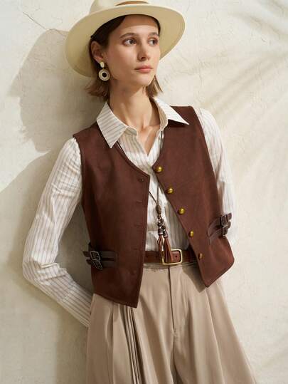 Airaco Women's Retro Western Cowgirl Style Solid Color Suede Vest Jacket For Vacation