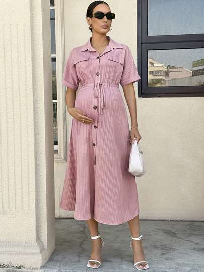 MaterniWear Summer Outfit  Maternity Work Clothes Maternity Work Outfits Work Dresses Elegant Pink Shirt-Collar Dress With Textured Fabric And Drawstring Button Details For Pregnant Women.  Maternity Casual Solid Color Single-Breasted Cinching Waist Dress,Old Money Style Commute Outfits