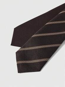 ROMWE Kawaii 2pcs Handmade Solid Color & Diagonal Stripe Combination Polyester Necktie, Unisex For Students & Adults, Suitable For Various Occasions Such As Daily Wear, School Uniform, And Business Suit - Brown - View 3