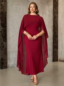 Roveilla 大码女装新款时尚优雅性感红色半透明长披肩吊带修身连衣裙两件套 - 紅色 - 查看 3