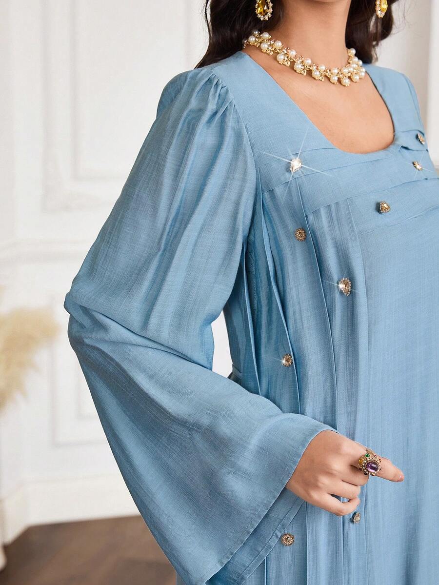 Yasmyna 女士纽扣设计褶皱喇叭袖阿拉伯传统长裙 - 藍色 - 查看 1