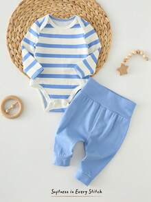 Cozy Pixies 新生儿男女宝宝卡通图案针织柔软圆领长袖连体衣和松紧腰长裤两件套 - 彩色 - 查看 3