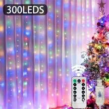 1 pieza Luces de cortina de ventana, 300 luces LED de hadas con control remoto, 8 modos alimentadas por USB, decoración de cortina de ventana, fiesta, Navidad, interior y exterior, Halloween (300 LED - Luz de colores) - Multicolor - Ver 3