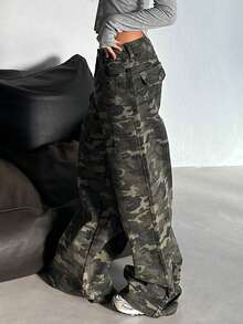 DAZY Women's Loose Fit Camouflage Denim Jeans, Korean Street Style Petite - Army Green - View 5